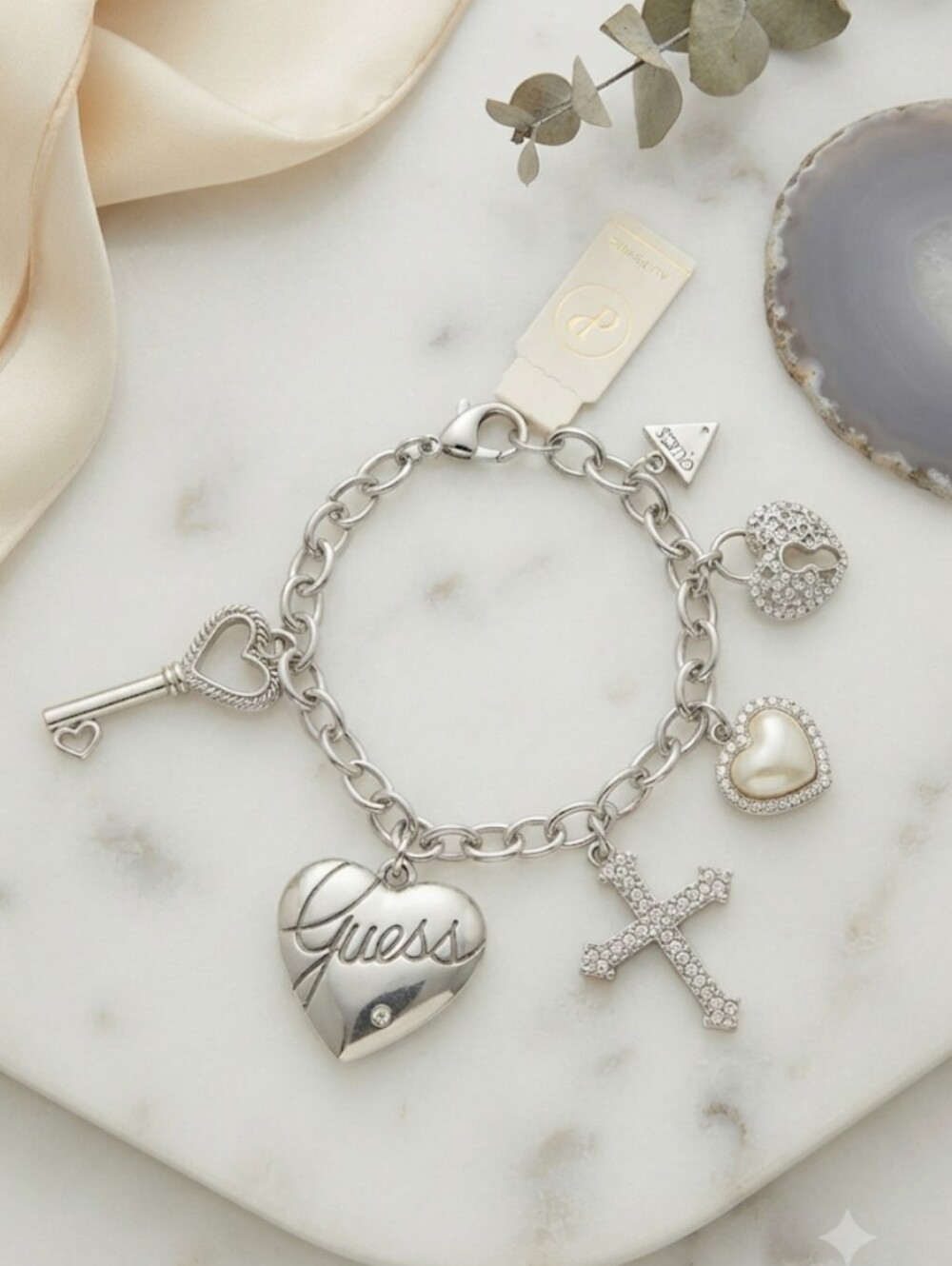 Guess Silver Charm Bracelet with Heart, Key & Cross Accents